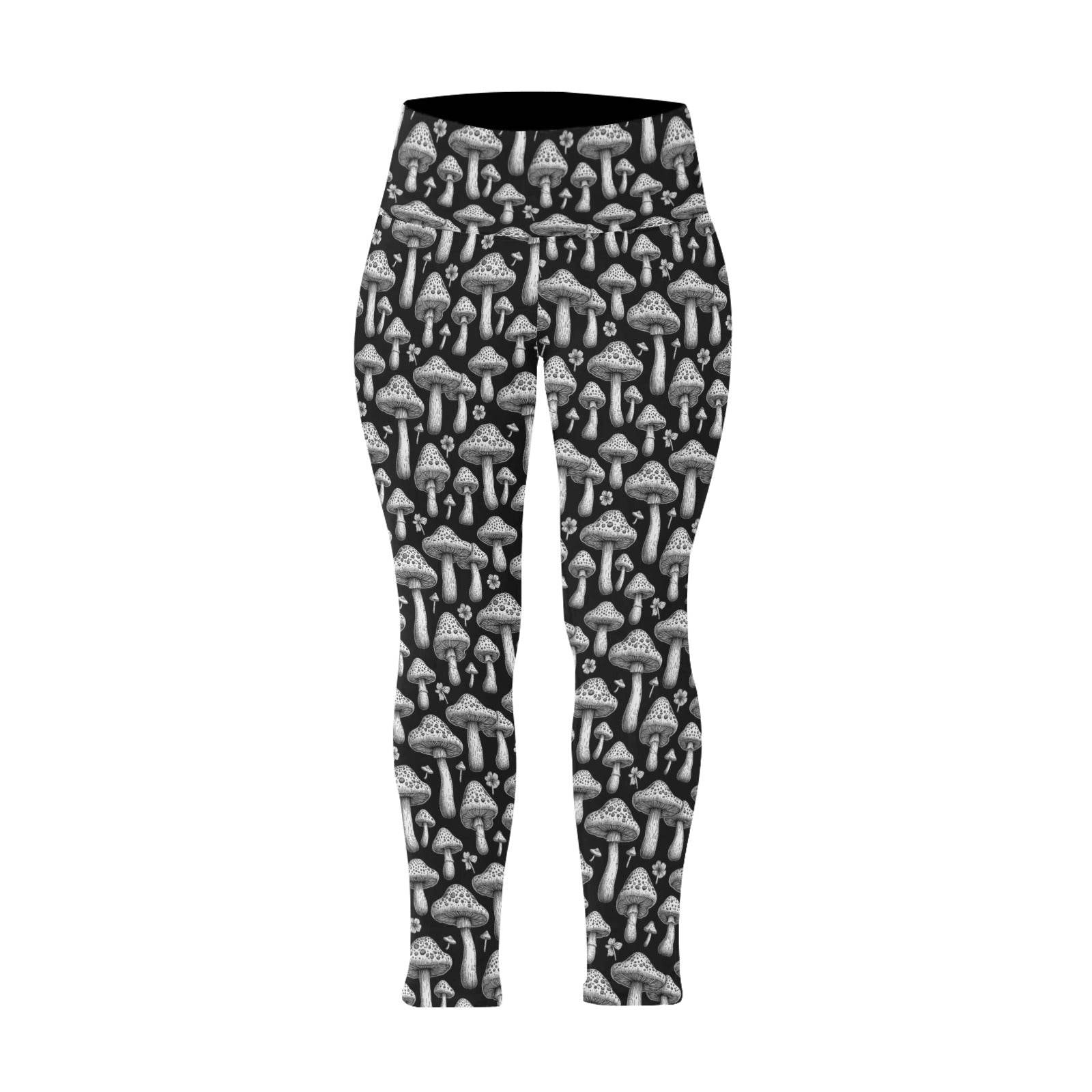 Black and White Mushrooms Women's Plus Size High Waited Leggings Women's High Waist Leggings(Plus Size)(ModelL45) - DeRose Seasonal