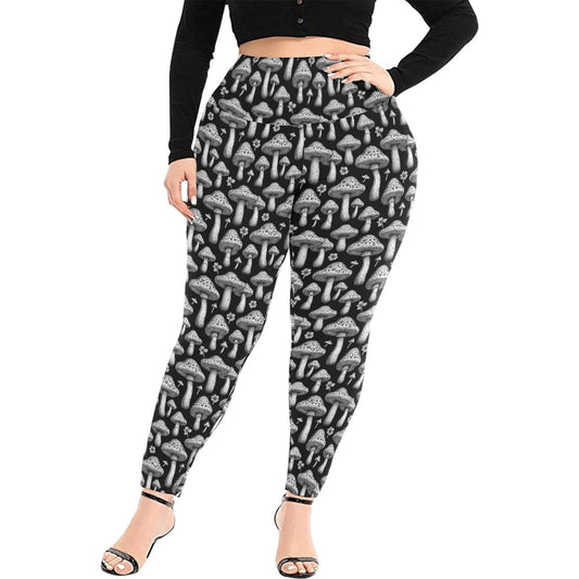 Black and White Mushrooms Women's Plus Size High Waited Leggings Women's High Waist Leggings(Plus Size)(ModelL45) - DeRose Seasonal