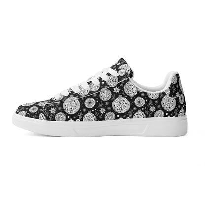 Black and White Ornament Adult Lightweight Brand Low Top Leather Shoes - DeRose Seasonal