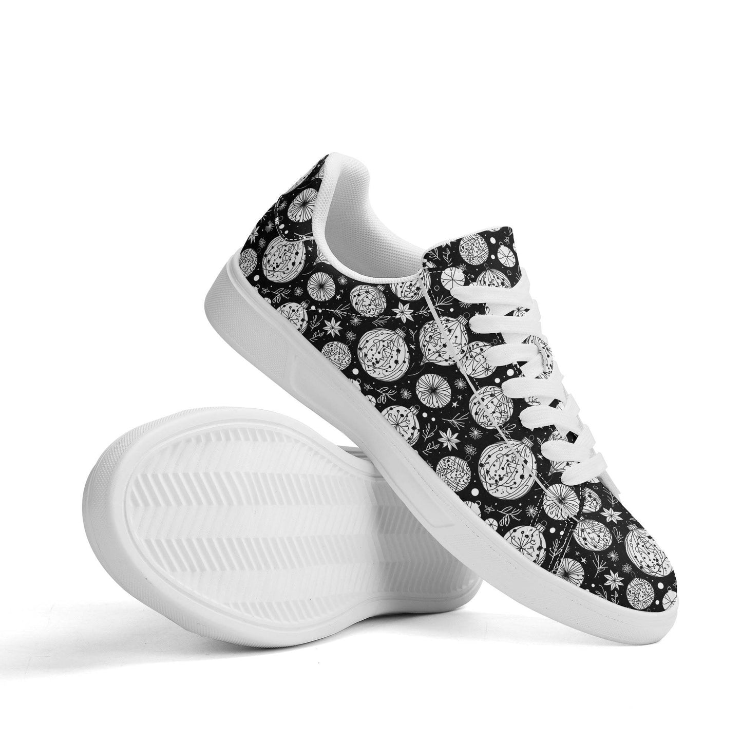 Black and White Ornament Adult Lightweight Brand Low Top Leather Shoes - DeRose Seasonal