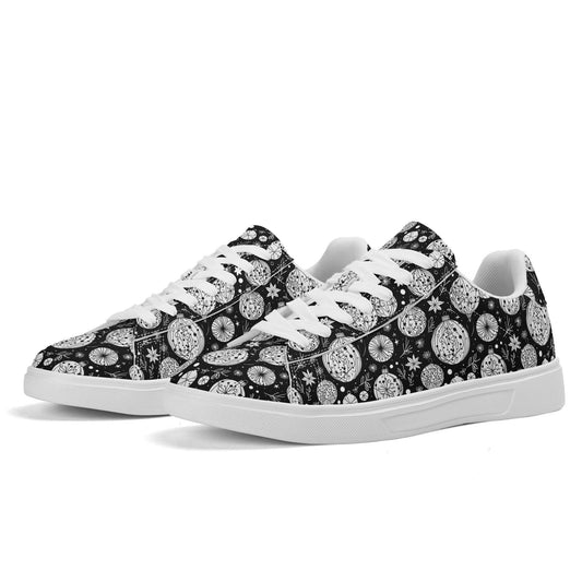 Black and White Ornament Adult Lightweight Brand Low Top Leather Shoes - DeRose Seasonal