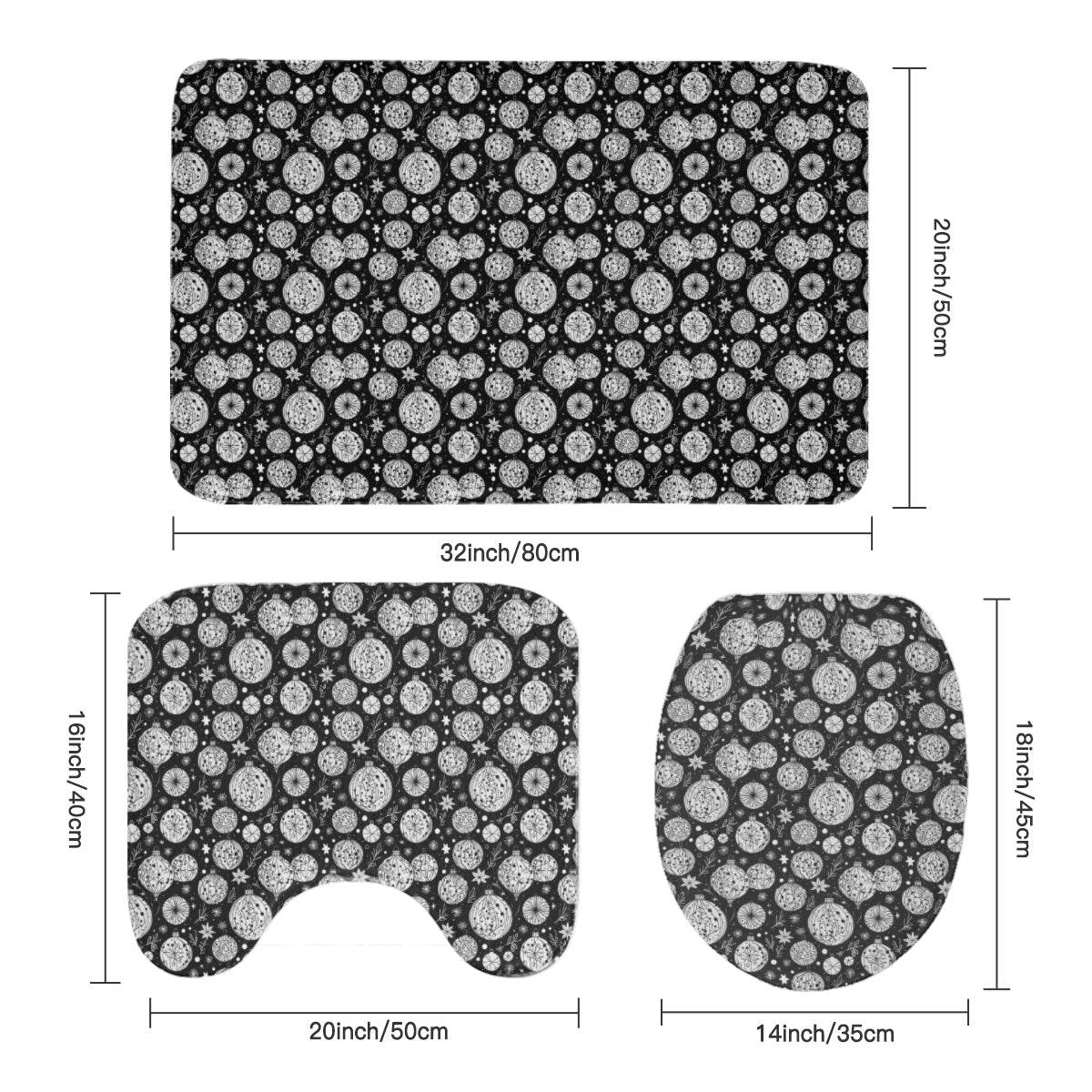 Black and White Ornament Bathroom Four-Piece Set(Shower Curtain + Toilet Cover Mat + Toilet Foot Mat + Floor Mat)| Polyester - DeRose Seasonal