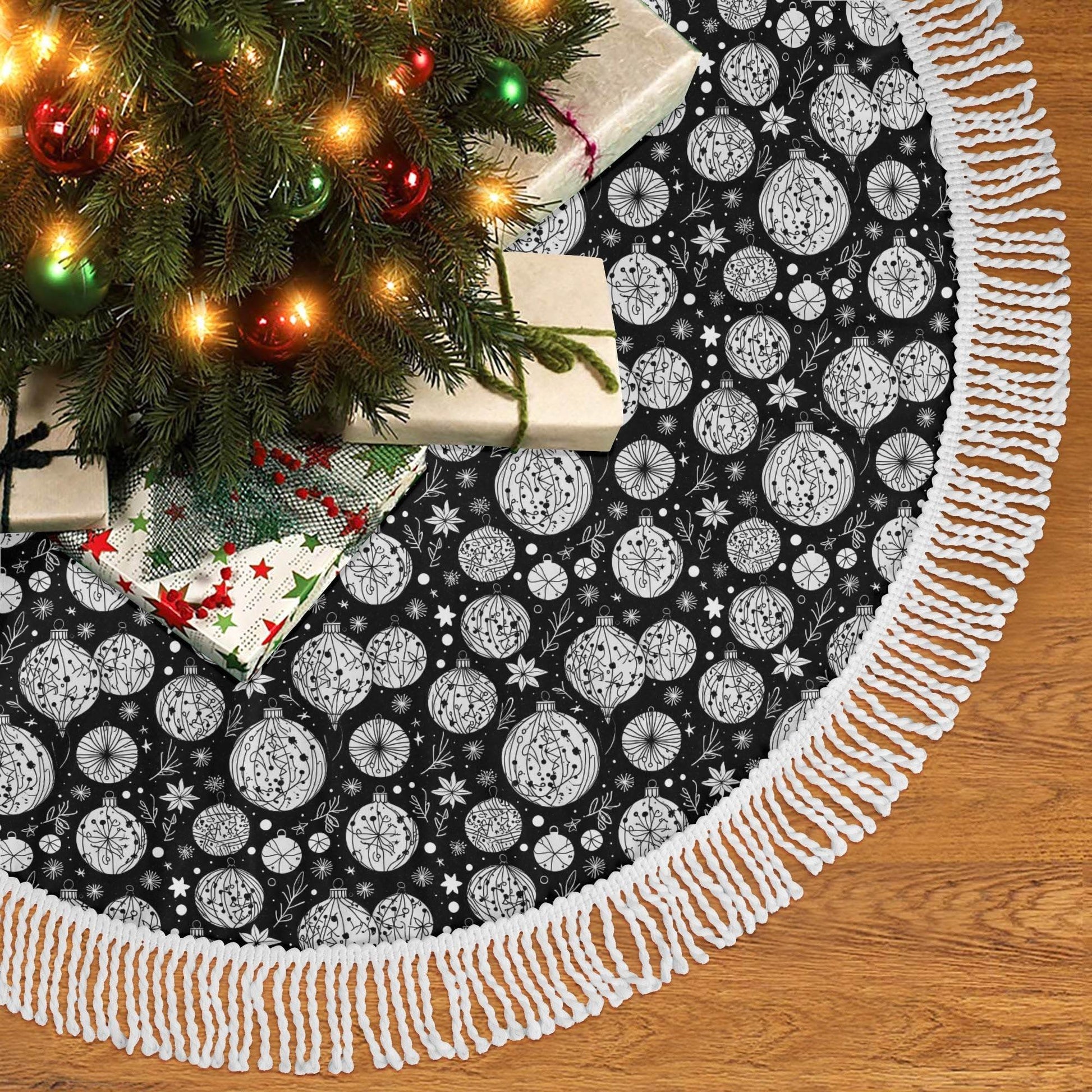 Black and White Ornament Fringed Christmas Tree Skirts - DeRose Seasonal
