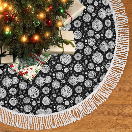 Black and White Ornament Fringed Christmas Tree Skirts - DeRose Seasonal