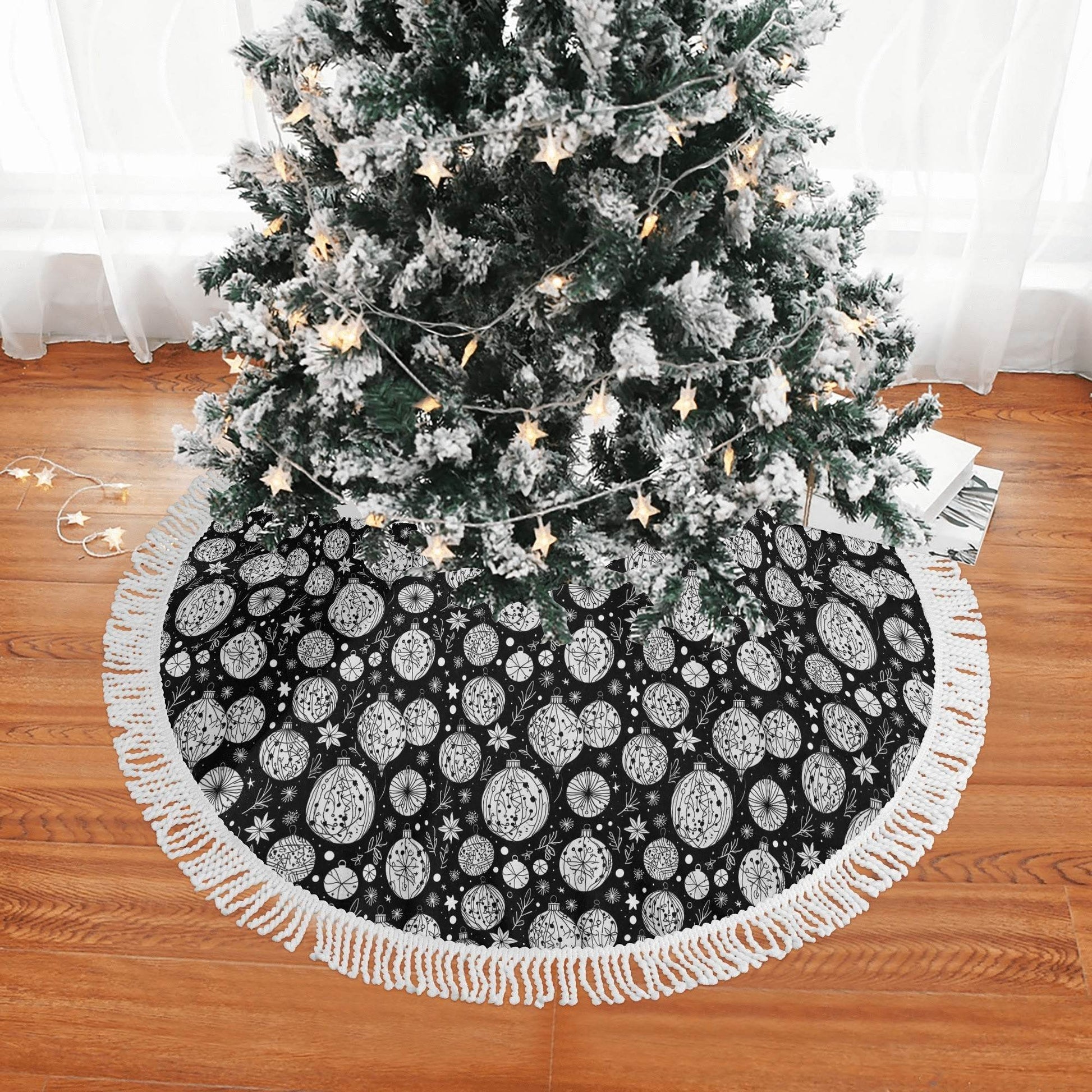 Black and White Ornament Fringed Christmas Tree Skirts - DeRose Seasonal