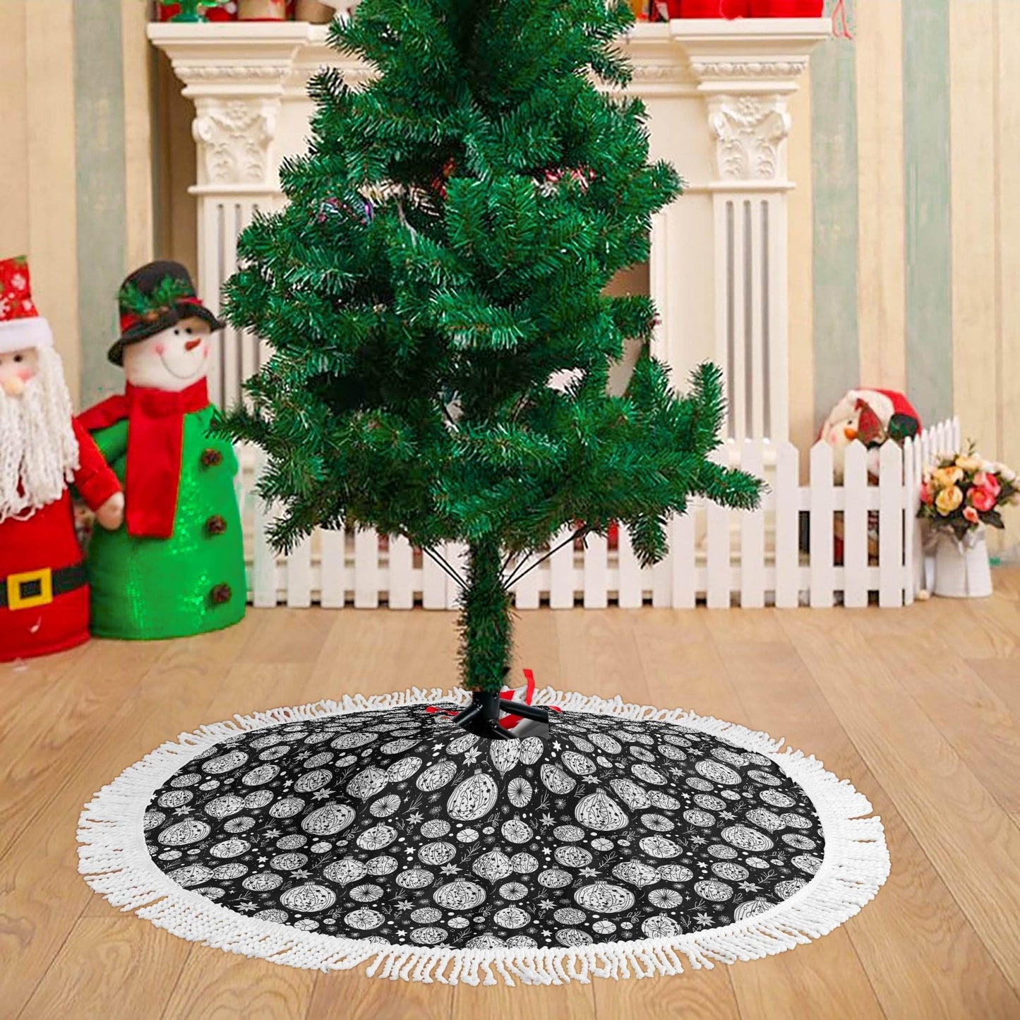 Black and White Ornament Fringed Christmas Tree Skirts - DeRose Seasonal