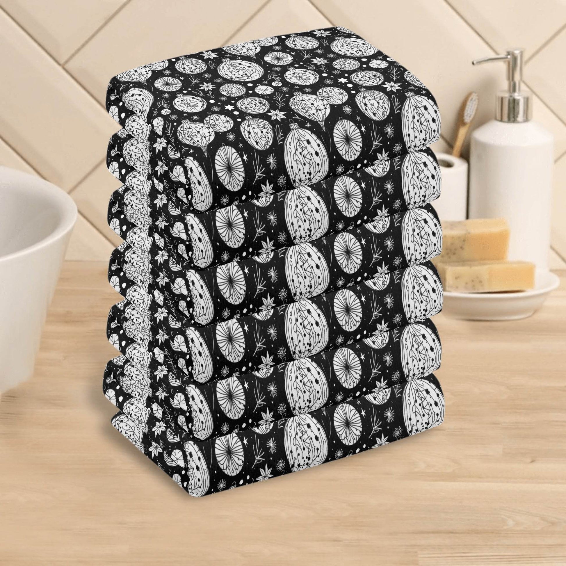 Black and White Ornament Hand Towels (6 Pcs) - DeRose Seasonal