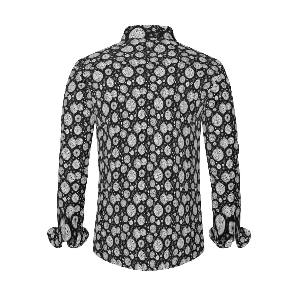 Black and White Ornament Men's Classic Long-Sleeved Button up Polyester Dress Shirt - DeRose Seasonal