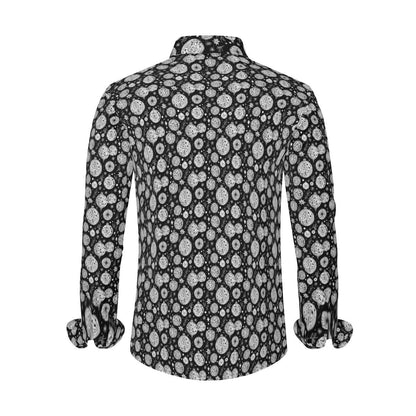 Black and White Ornament Men's Classic Long-Sleeved Button up Polyester Dress Shirt - DeRose Seasonal