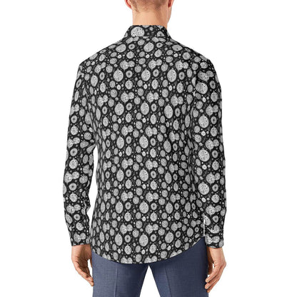 Black and White Ornament Men's Classic Long-Sleeved Button up Polyester Dress Shirt - DeRose Seasonal