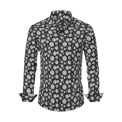 Black and White Ornament Men's Classic Long-Sleeved Button up Polyester Dress Shirt - DeRose Seasonal