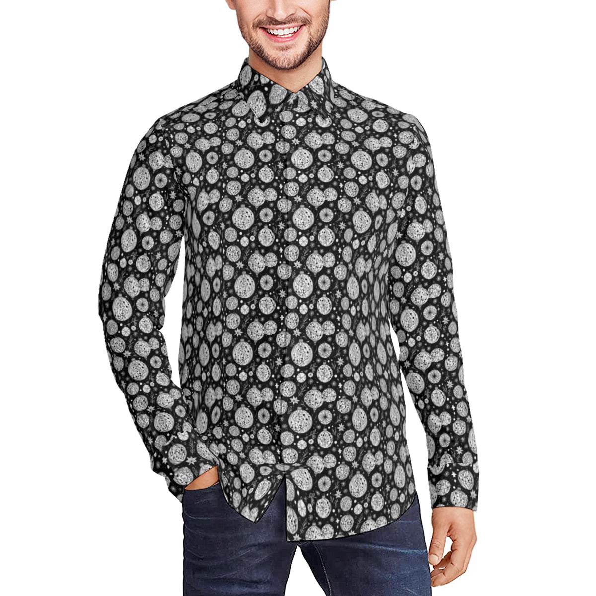 Black and White Ornament Men's Classic Long-Sleeved Button up Polyester Dress Shirt - DeRose Seasonal