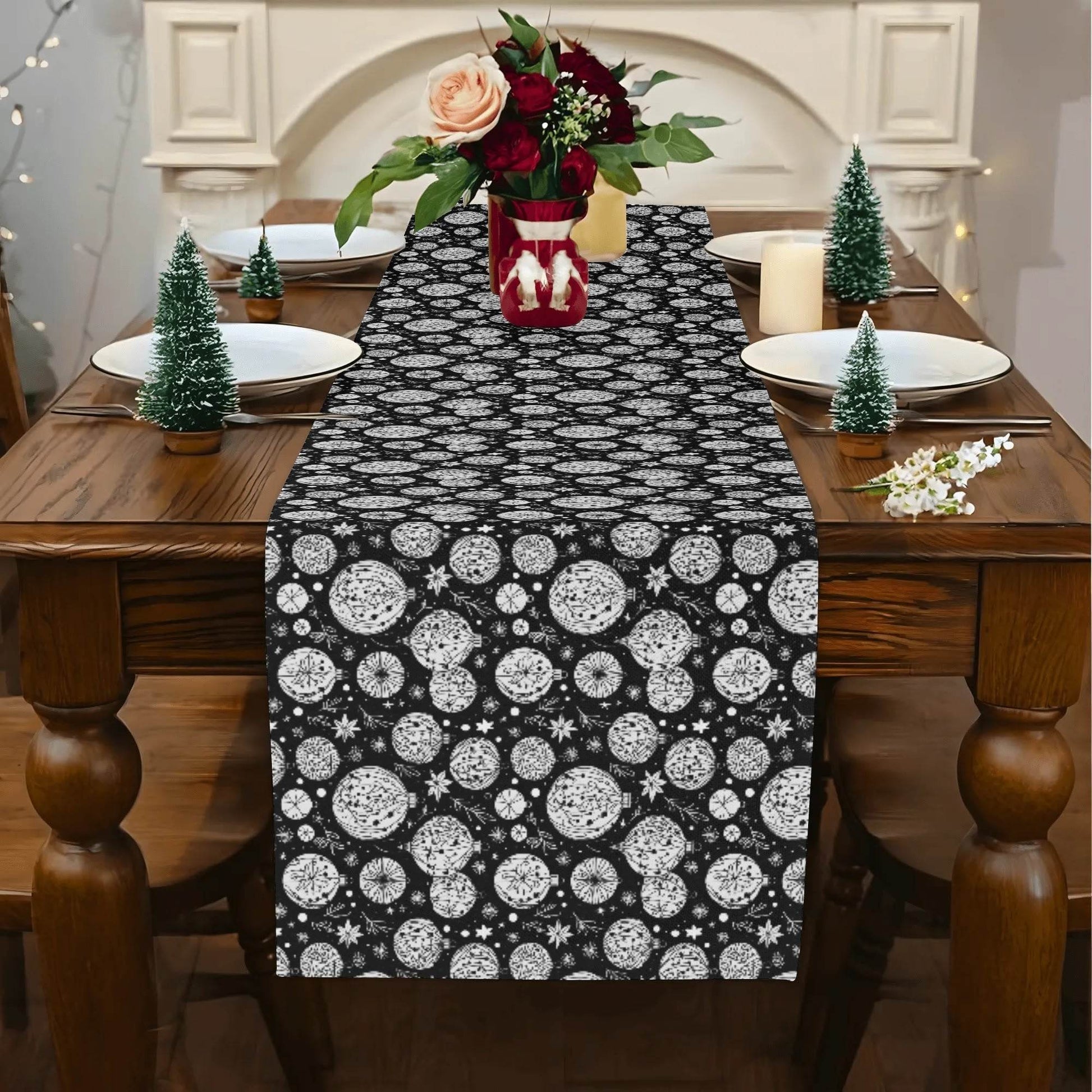 Black and White Ornament Polyester Table Runner - DeRose Seasonal