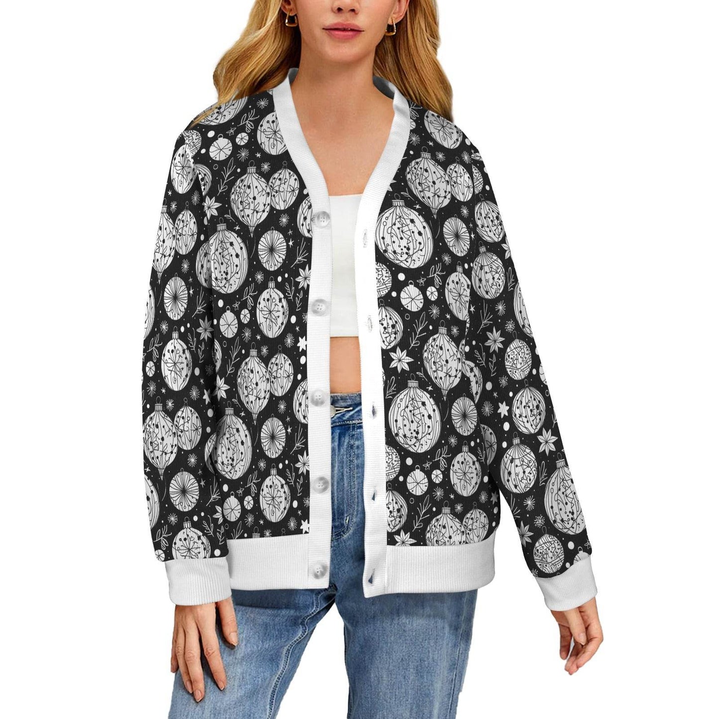 Black and White Ornament Women's Cardigan Button Sweater Custom Women's Cardigan (Model H73) - DeRose Seasonal