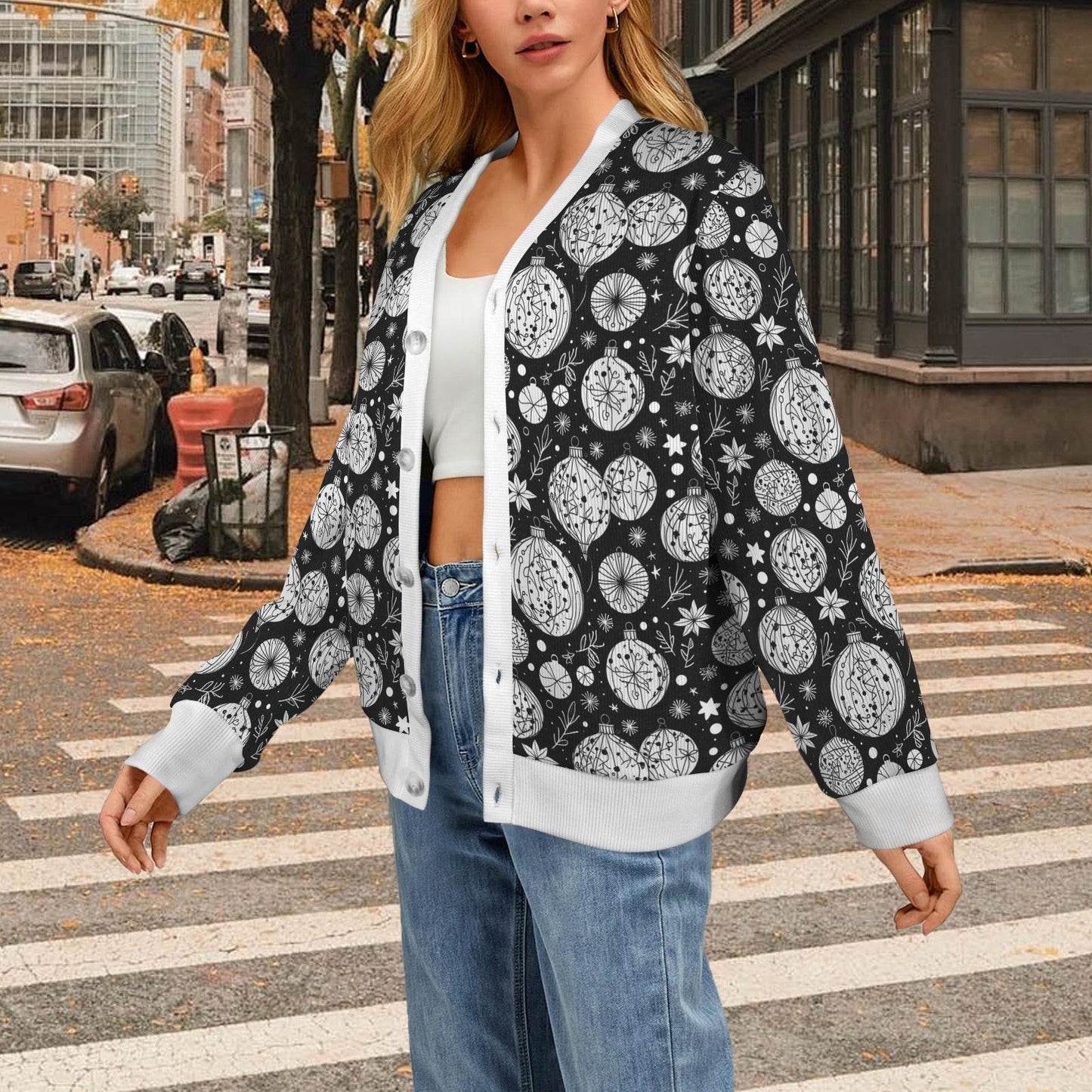 Black and White Ornament Women's Cardigan Button Sweater Custom Women's Cardigan (Model H73) - DeRose Seasonal