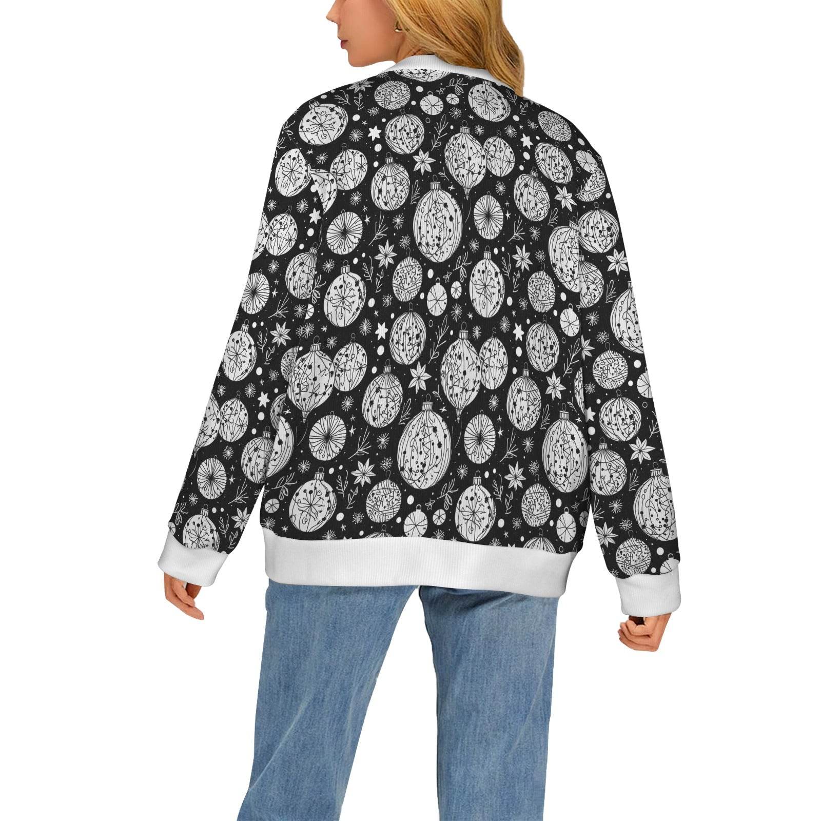 Black and White Ornament Women's Cardigan Button Sweater Custom Women's Cardigan (Model H73) - DeRose Seasonal