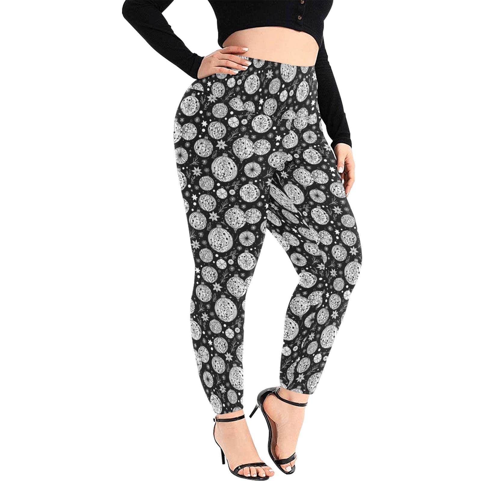 Black and White Ornament Women's Plus Size High Waited Leggings Women's High Waist Leggings(Plus Size)(ModelL45) - DeRose Seasonal