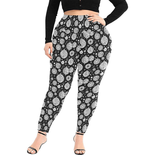 Black and White Ornament Women's Plus Size High Waited Leggings Women's High Waist Leggings(Plus Size)(ModelL45) - DeRose Seasonal
