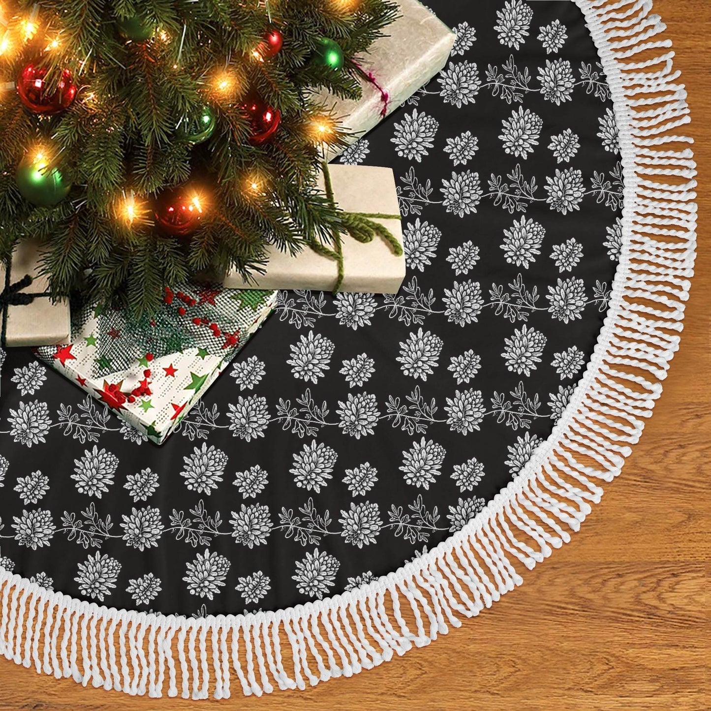 Black and White Pine Fringed Christmas Tree Skirts - DeRose Seasonal