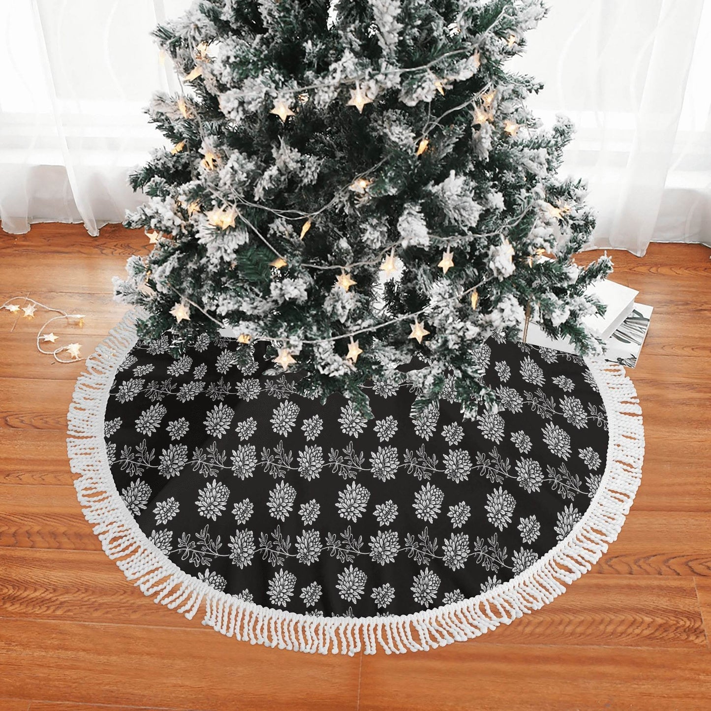 Black and White Pine Fringed Christmas Tree Skirts - DeRose Seasonal