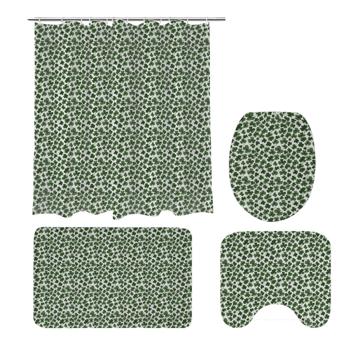 Clovers Bathroom Four-Piece Set(Shower Curtain + Toilet Cover Mat + Toilet Foot Mat + Floor Mat)| Polyester - DeRose Seasonal