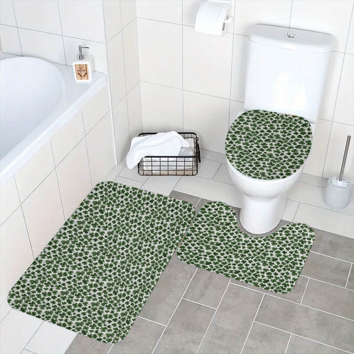 Clovers Bathroom Four-Piece Set(Shower Curtain + Toilet Cover Mat + Toilet Foot Mat + Floor Mat)| Polyester - DeRose Seasonal
