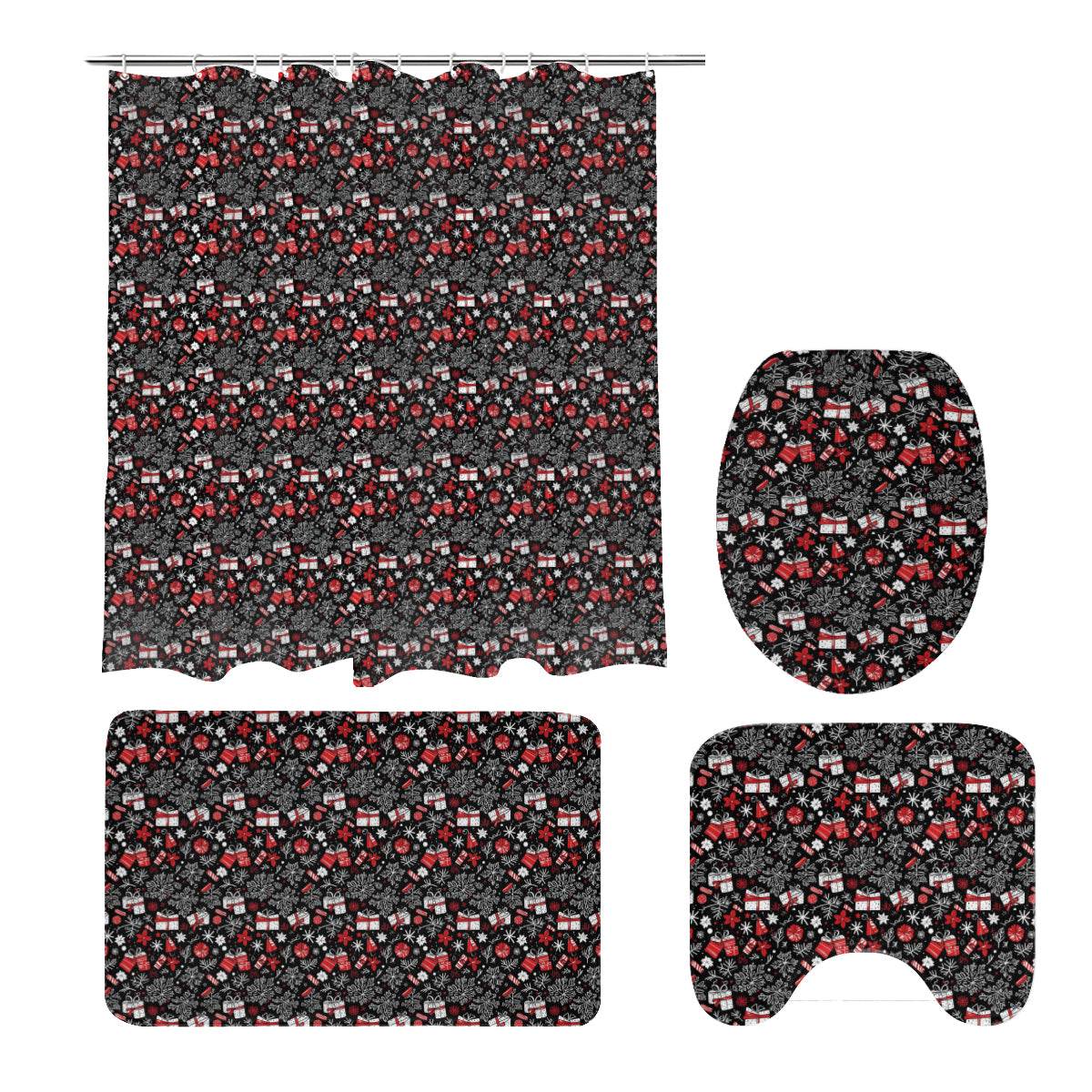 Christmas Gift Bathroom Four-Piece Set(Shower Curtain + Toilet Cover Mat + Toilet Foot Mat + Floor Mat)| Polyester - DeRose Seasonal