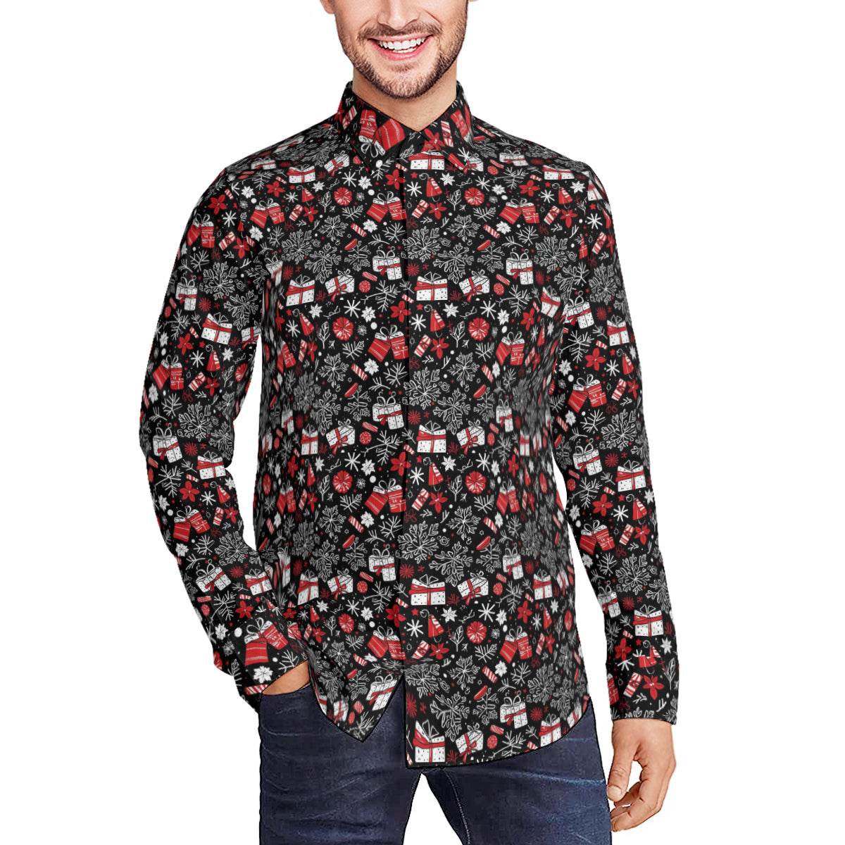 Christmas Gift Men's Classic Long-Sleeved Button up Polyester Dress Shirt - DeRose Seasonal