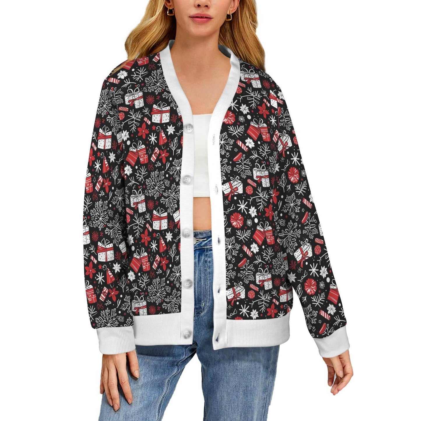 Christmas Gift Women's Cardigan Button Sweater Custom Women's Cardigan (Model H73) - DeRose Seasonal