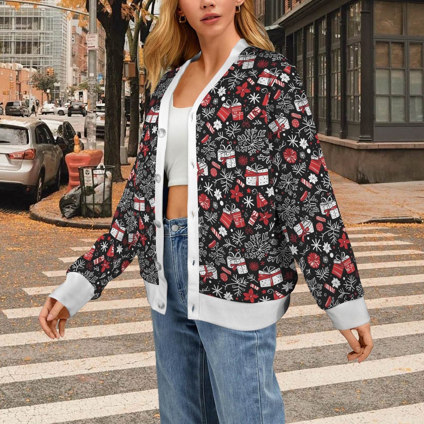 Christmas Gift Women's Cardigan Button Sweater Custom Women's Cardigan (Model H73) - DeRose Seasonal