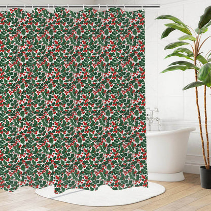 Christmas Holly Bathroom Four-Piece Set(Shower Curtain + Toilet Cover Mat + Toilet Foot Mat + Floor Mat)| Polyester - DeRose Seasonal
