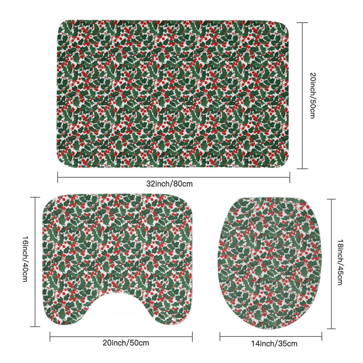 Christmas Holly Bathroom Four-Piece Set(Shower Curtain + Toilet Cover Mat + Toilet Foot Mat + Floor Mat)| Polyester - DeRose Seasonal