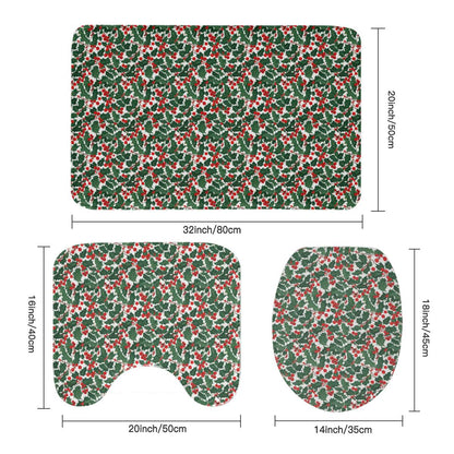 Christmas Holly Bathroom Four-Piece Set(Shower Curtain + Toilet Cover Mat + Toilet Foot Mat + Floor Mat)| Polyester - DeRose Seasonal