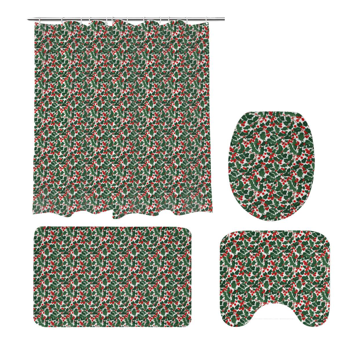 Christmas Holly Bathroom Four-Piece Set(Shower Curtain + Toilet Cover Mat + Toilet Foot Mat + Floor Mat)| Polyester - DeRose Seasonal