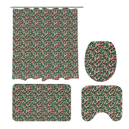 Christmas Holly Bathroom Four-Piece Set(Shower Curtain + Toilet Cover Mat + Toilet Foot Mat + Floor Mat)| Polyester - DeRose Seasonal