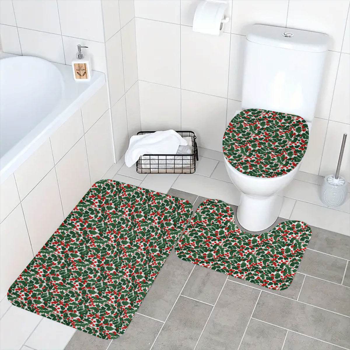 Christmas Holly Bathroom Four-Piece Set(Shower Curtain + Toilet Cover Mat + Toilet Foot Mat + Floor Mat)| Polyester - DeRose Seasonal