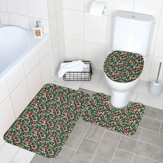 Christmas Holly Bathroom Four-Piece Set(Shower Curtain + Toilet Cover Mat + Toilet Foot Mat + Floor Mat)| Polyester - DeRose Seasonal