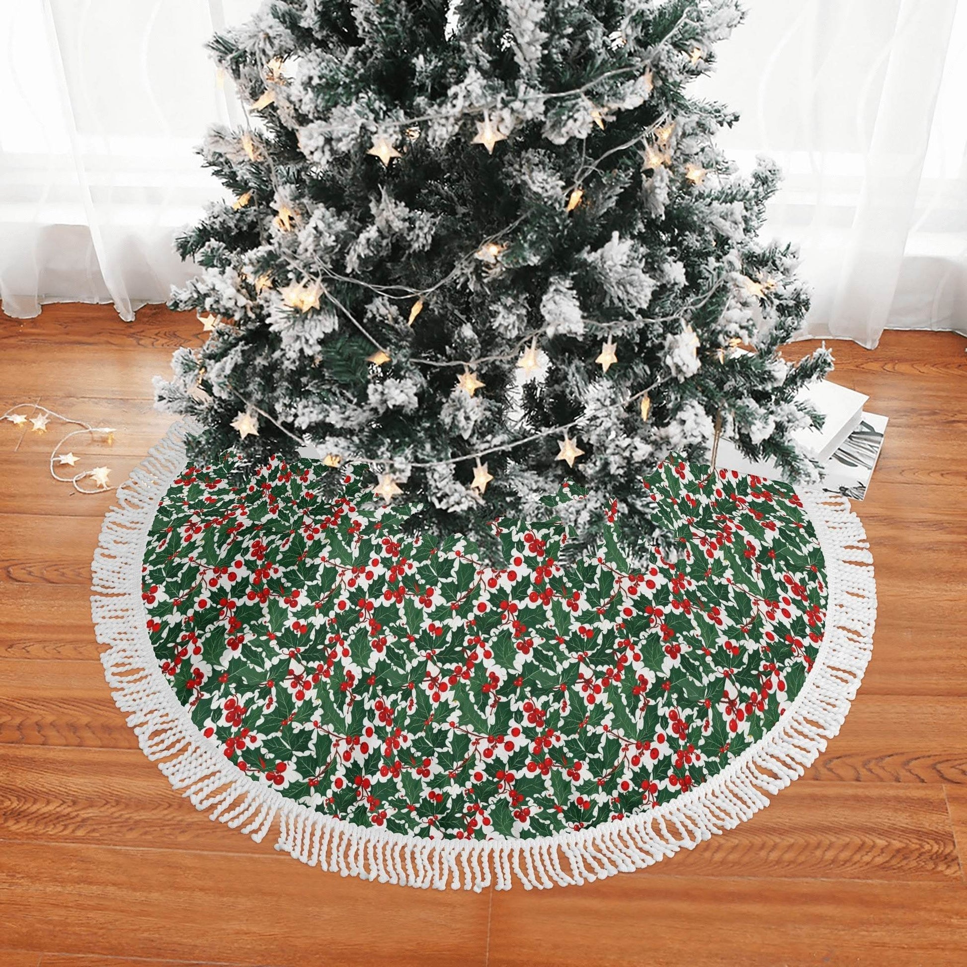 Christmas Holly Fringed Christmas Tree Skirts - DeRose Seasonal
