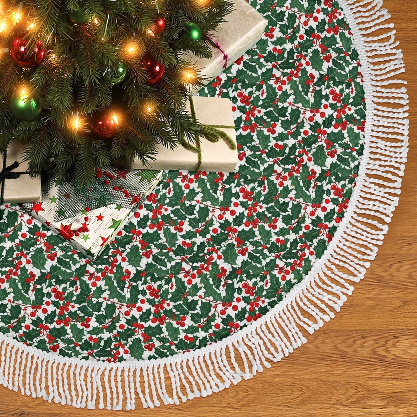Christmas Holly Fringed Christmas Tree Skirts - DeRose Seasonal