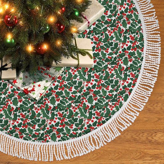 Christmas Holly Fringed Christmas Tree Skirts - DeRose Seasonal