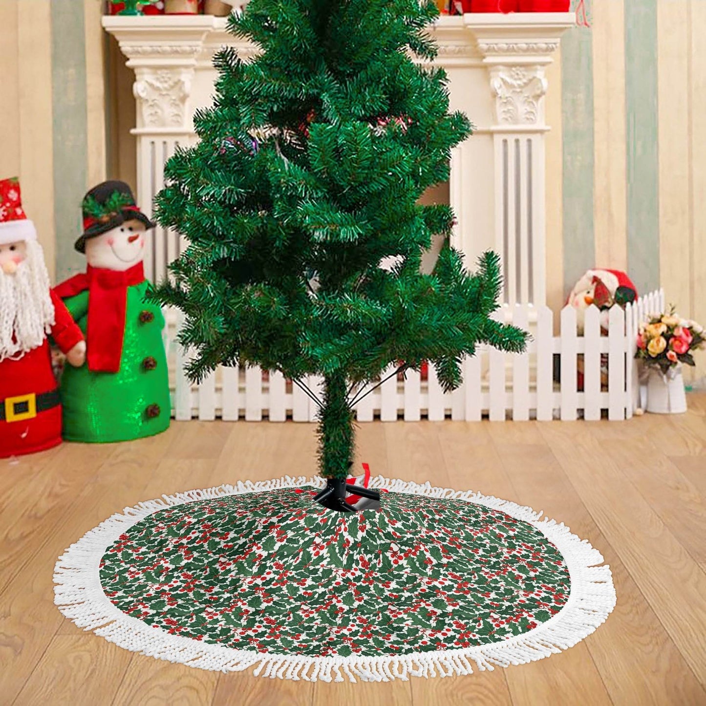 Christmas Holly Fringed Christmas Tree Skirts - DeRose Seasonal