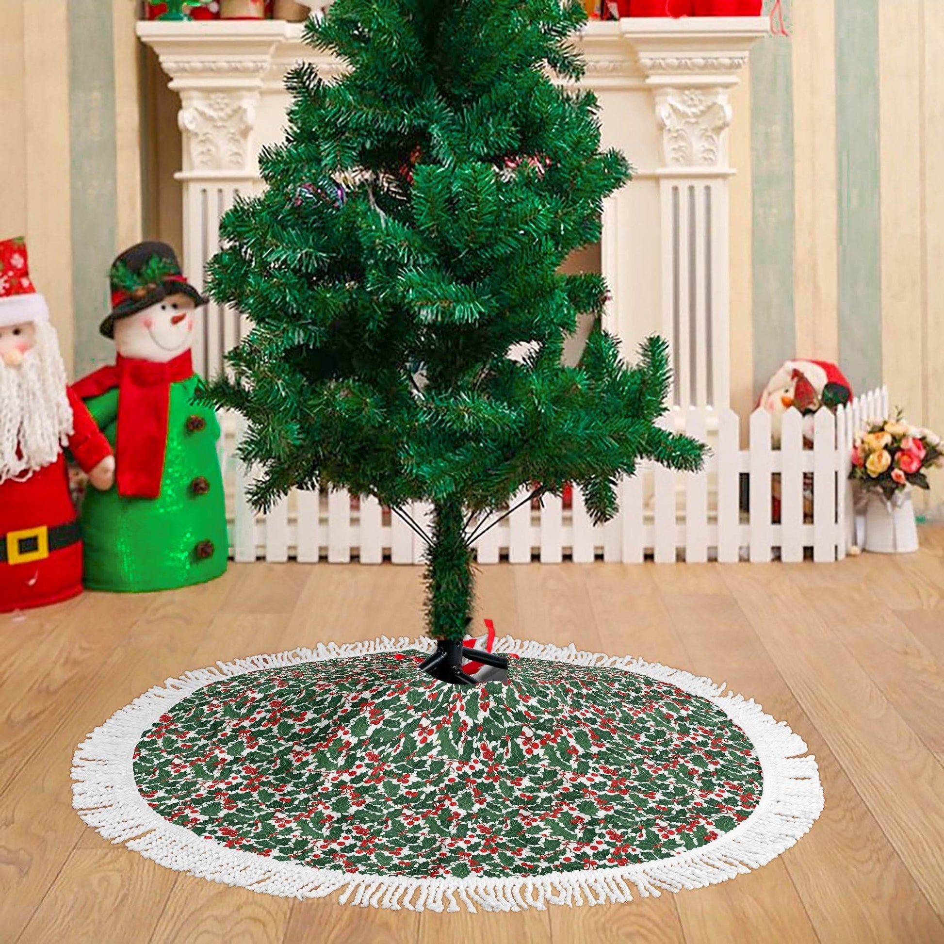 Christmas Holly Fringed Christmas Tree Skirts - DeRose Seasonal