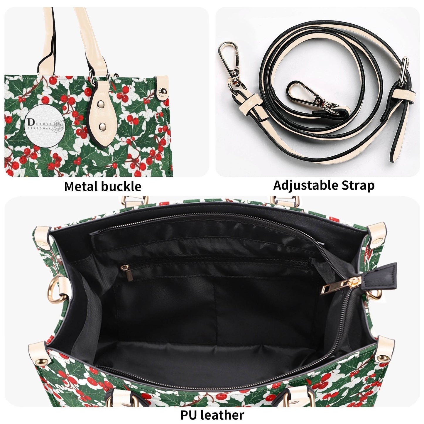 Christmas Holly Luxury Women Leather Handbag (3 sizes) - DeRose Seasonal