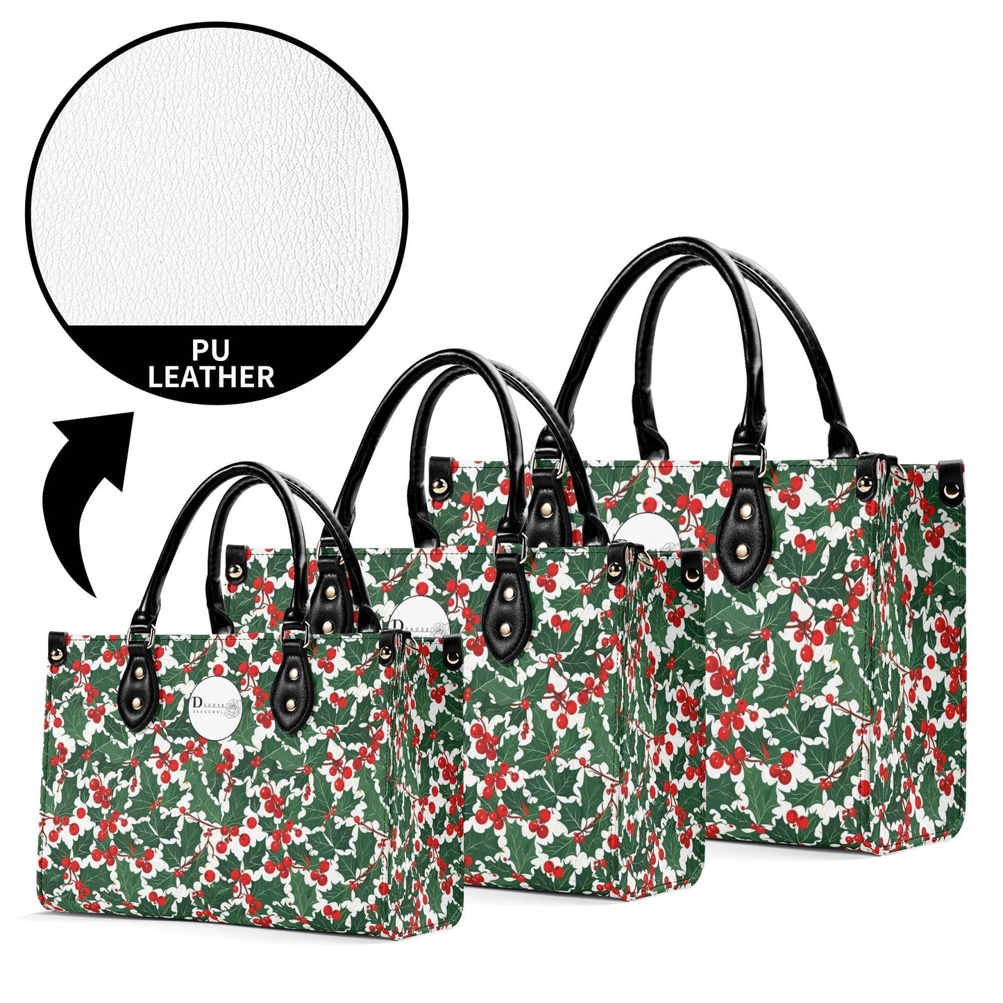 Christmas Holly Luxury Women Leather Handbag (3 sizes) - DeRose Seasonal
