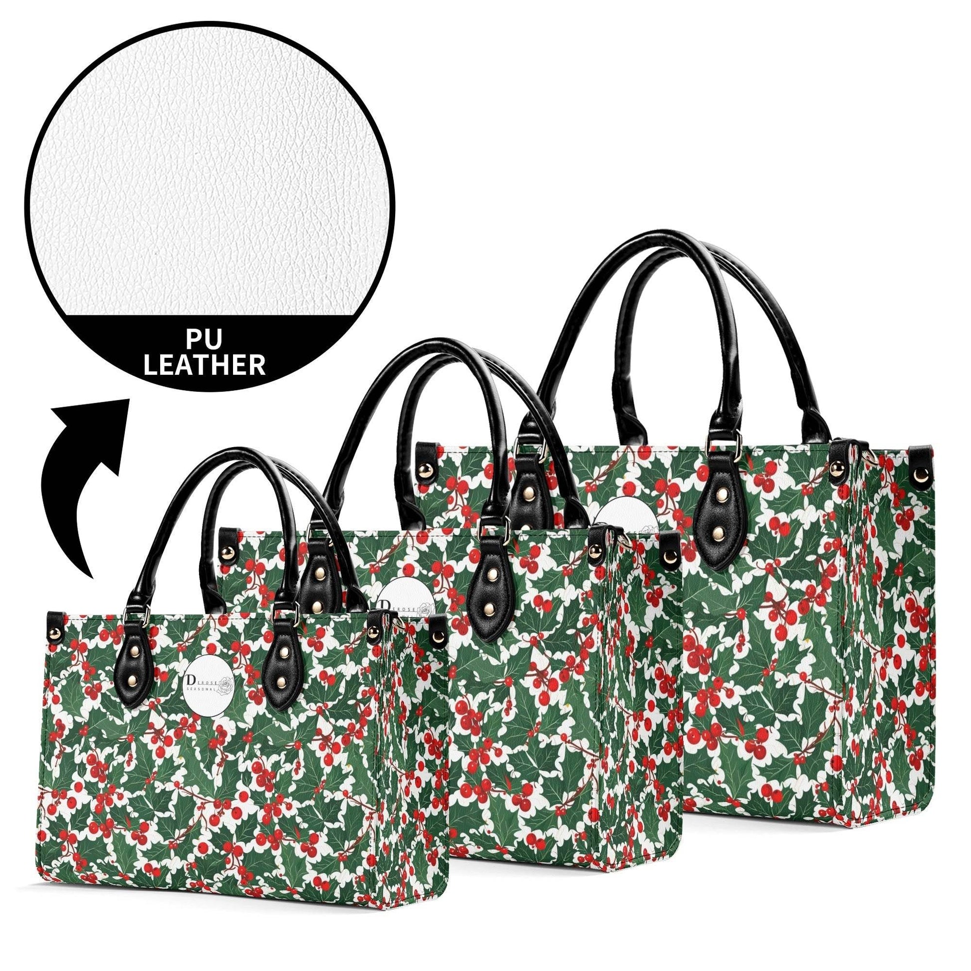 Christmas Holly Luxury Women Leather Handbag (3 sizes) - DeRose Seasonal