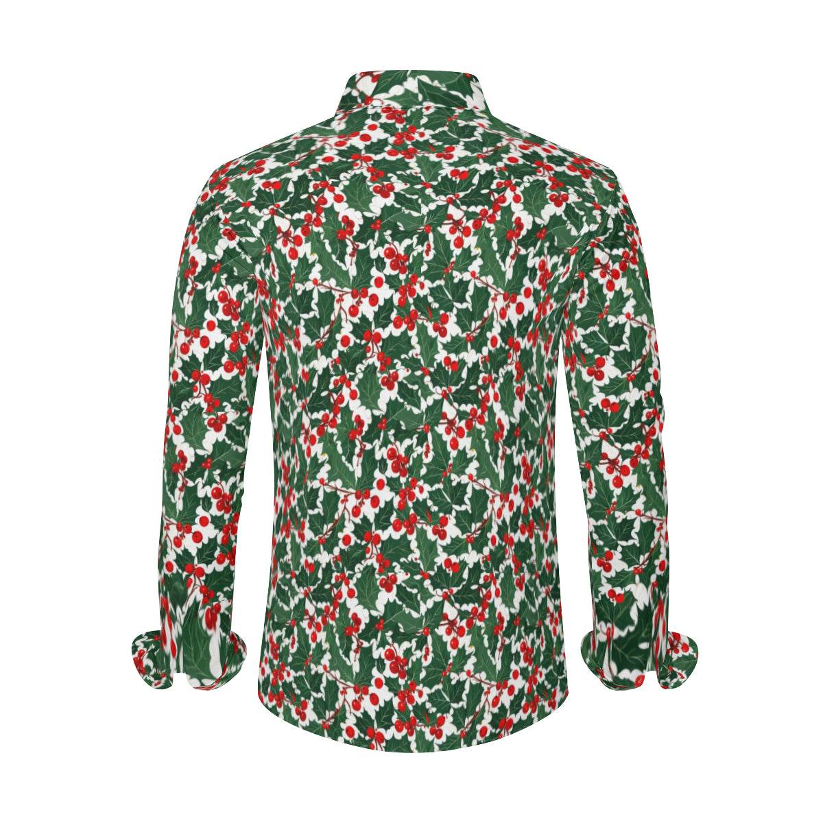 Christmas Holly Men's Classic Long-Sleeved Button up Polyester Dress Shirt - DeRose Seasonal