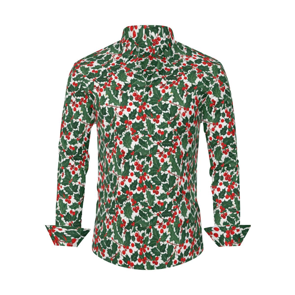 Christmas Holly Men's Classic Long-Sleeved Button up Polyester Dress Shirt - DeRose Seasonal