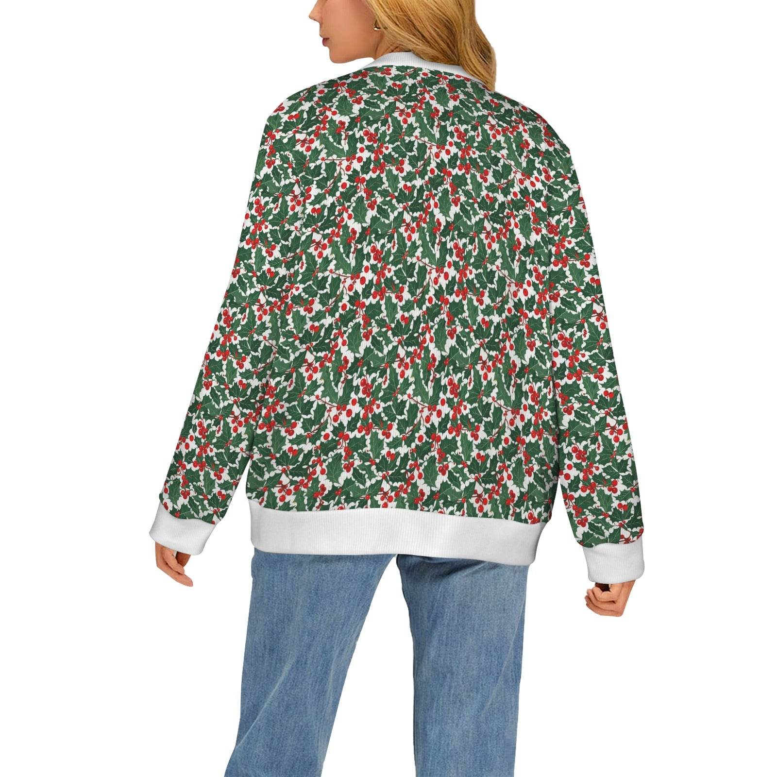 Christmas Holly Women's Cardigan Button Sweater Custom Women's Cardigan (Model H73) - DeRose Seasonal