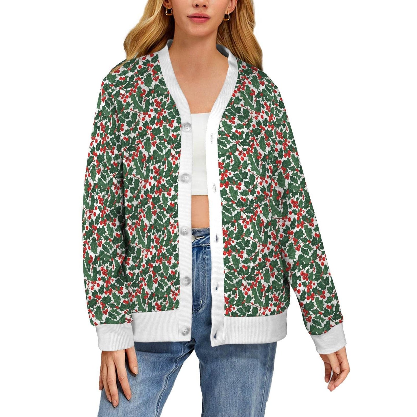 Christmas Holly Women's Cardigan Button Sweater Custom Women's Cardigan (Model H73) - DeRose Seasonal