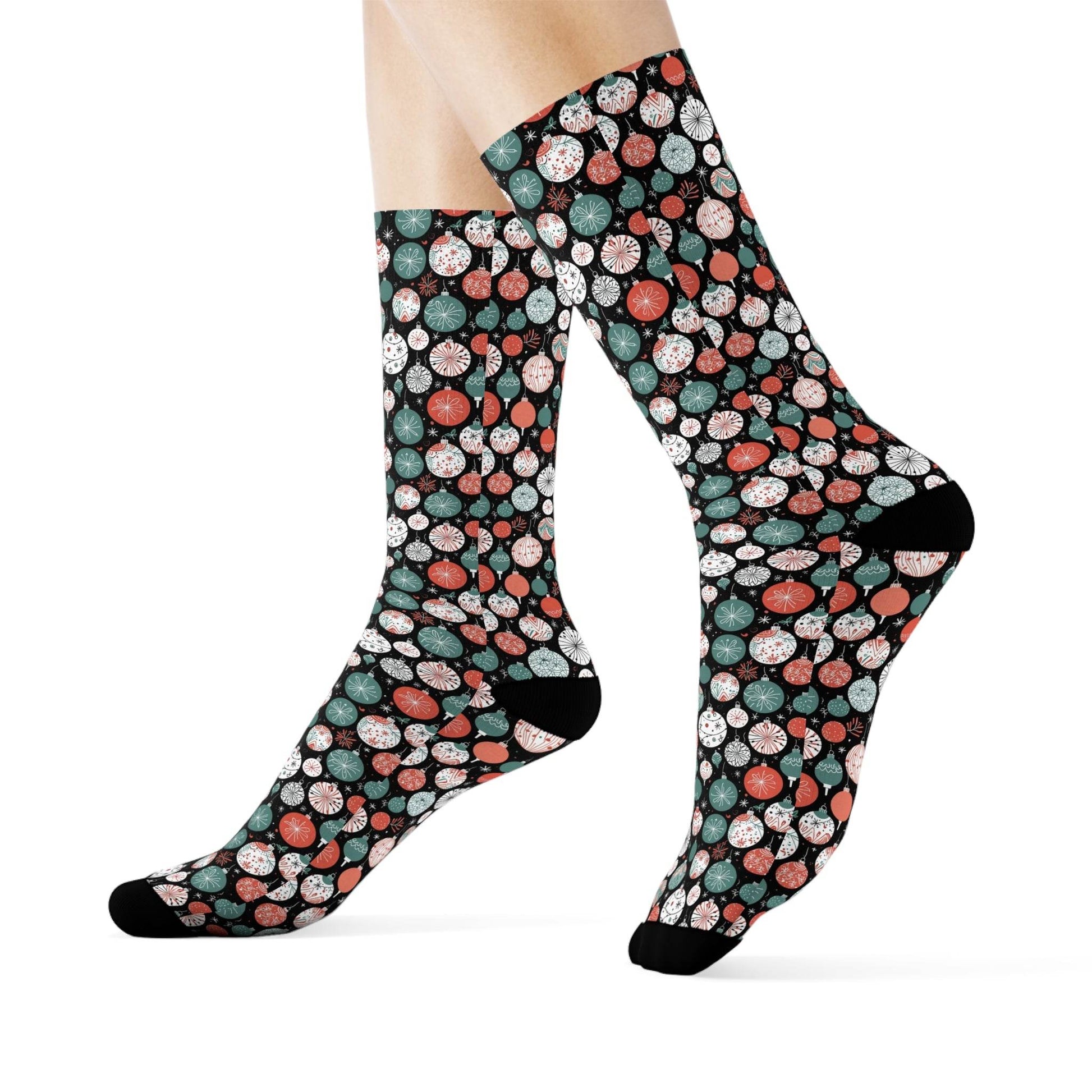 Colorful Ornaments Polyester Christmas Crew Socks 3 sizes - DeRose Seasonal